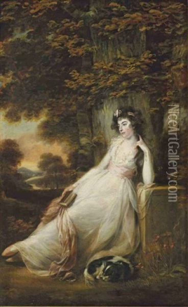 Portrait Of Miss S.d. Chambers In A White Dress, Seated With A Dog, In A River Landscape Oil Painting - John Russell