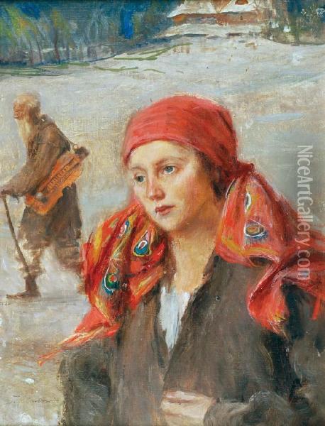 Dziewczyna I Lirnik Oil Painting - Teodor Axentowicz