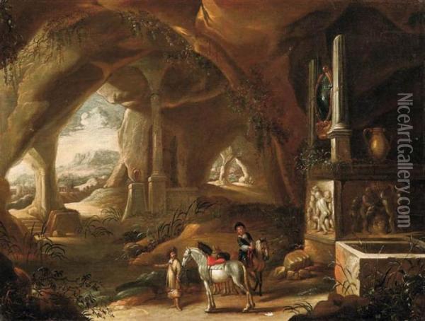 Cavalieri In Grotta Con Ruderi Classici Oil Painting - Abraham van Cuylenborch