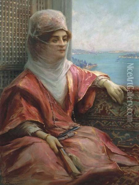 Portrait Of A Turkish Lady With The Bosphorus In Thebackground Oil Painting - Fausto Zonaro