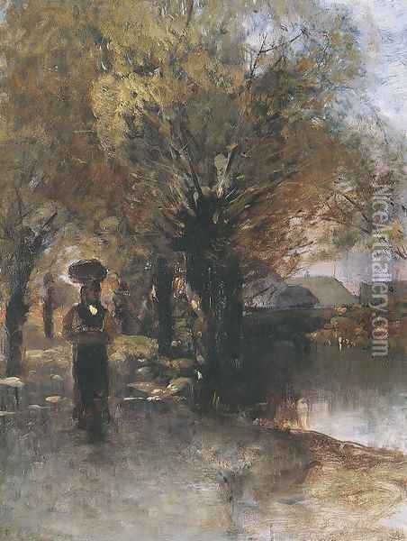 At the Brook 1883-85 Oil Painting - Geza Meszoly