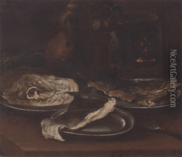 Three Pewter Plates With Fish, An Earthenware Jug, A Bunch Of Asparagus And A Warming Plate Oil Painting - Carlo Magini