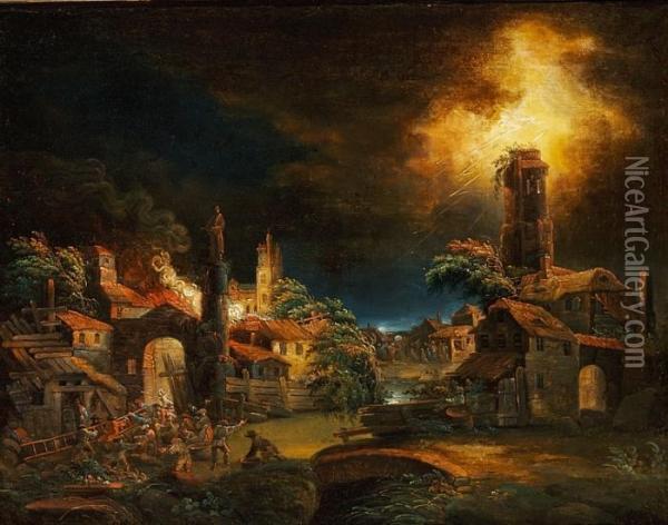 Ascribed To: A Fire At Night In A Village During A Storm Oil Painting - Egbert van der Poel