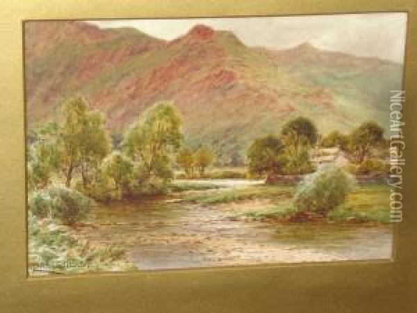 A Mountainous River Landscape With Stone Bridge By Houses, Together With Another, A Pair Oil Painting - Harry James Sticks