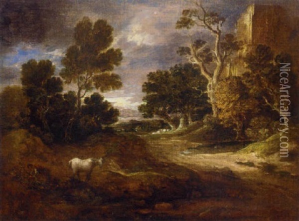 A Wooded Landscape With A Ruined Tower, Woodcutter, Horse And Sheep Oil Painting - Gainsborough Dupont