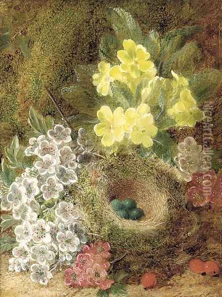 May blossom, primulas, berries, and a bird's nest with eggs, on a mossy bank Oil Painting - George Clare