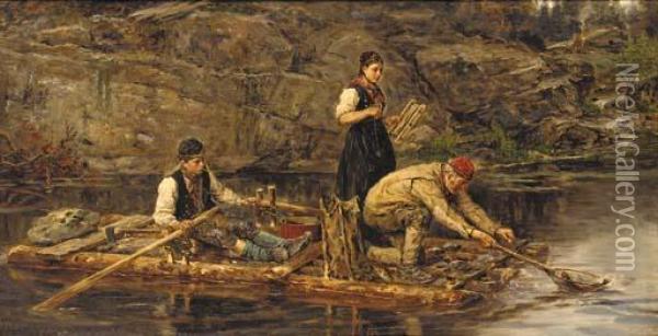 Fishing From A Raft Oil Painting - Hans Dahl