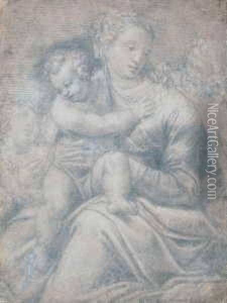 Die Heilige Familie Mit Einem Engel. Oil Painting - Fra Bartolommeo della Porta