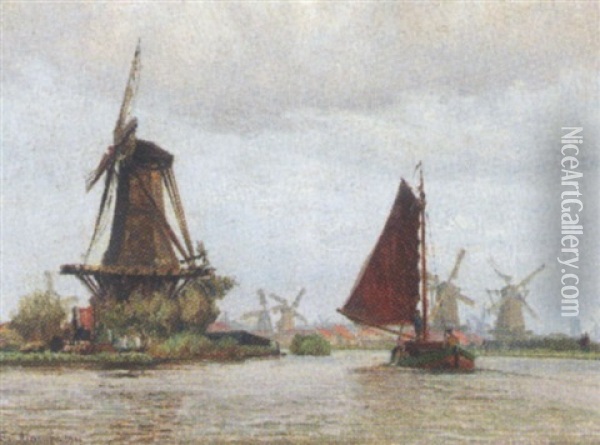 Landskab Med Vindmoller Og Sejlskib Pa Kanal Oil Painting - Vilhelm Karl Ferdinand Arnesen