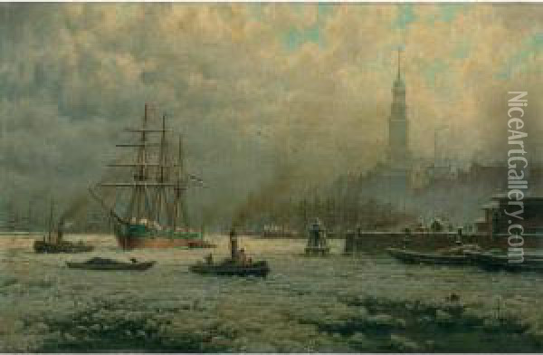 Hamburg Harbor, Winter Oil Painting - Georg Schmitz