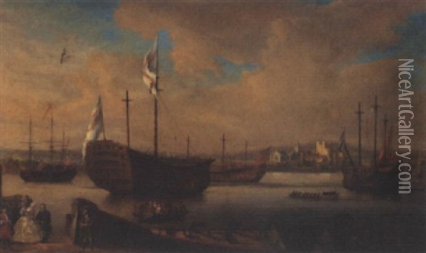 Men-o'war Laid Up Off Chatham, With A View Of Rochester Beyond Oil Painting - Thomas Mellish