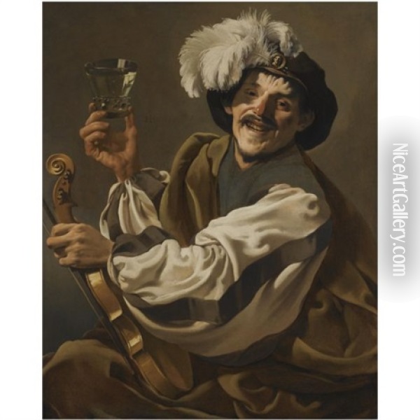 A Jovial Violinist Holding A Glass Of Wine Oil Painting - Hendrick Ter Brugghen