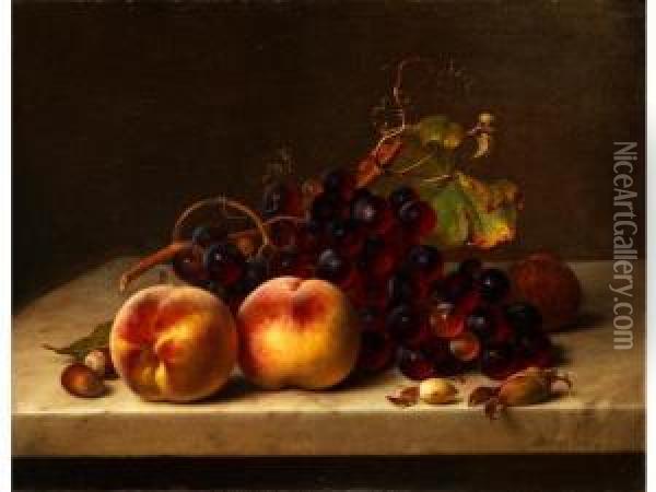 Stilleben Mit Pfirsichen, Trauben Und Nussen Oil Painting - Johann Wilhelm Preyer
