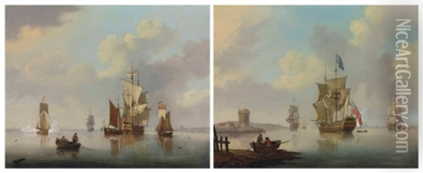 Ships Of The Red Squadron At Anchor, One Firing A Salute As She Prepares To The Leave The Anchorage; And An English Third-rate Of The Red Squadron At Anchor Off The Low Countries, Surrounded By Coastal Craft And With An Admiralty Yacht Firing A Salute Off Oil Painting - Francis Swaine