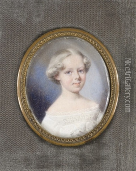 Portrait D'une Enfant Blonde Aux Yeux Bleus, Dans Un Cadre En Velours Gris Oil Painting - Edme Rousseau