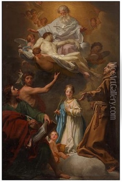 Saint Timotea Between Francis Of Assisi, John The Baptist And John The Evangelist Oil Painting - Domenico Corvi