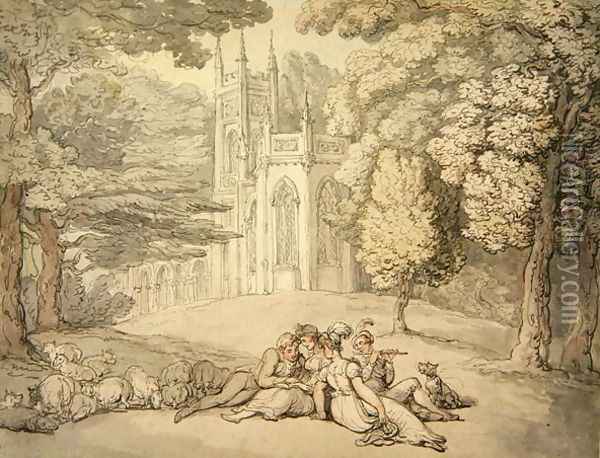 A college green with a group of damsels and young gentlemen in the foreground, c.1810-15 Oil Painting - Thomas Rowlandson