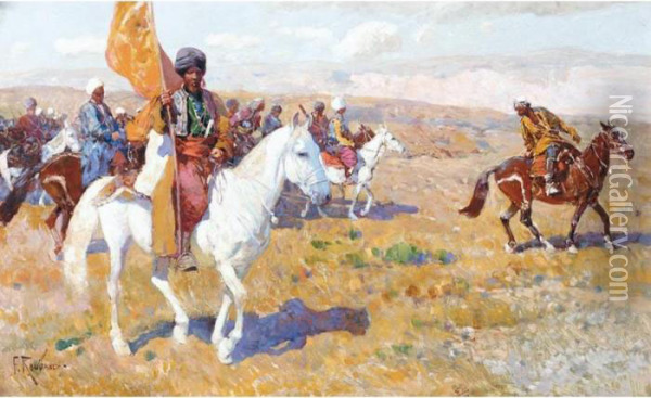 Caucasian Warrior Chief On Horseback Oil Painting - Franz Roubaud
