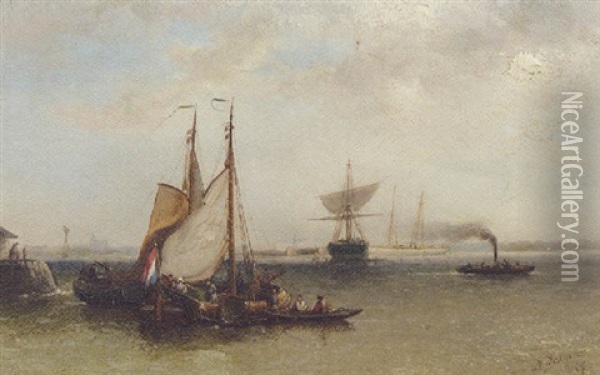 Moored Sailing Vessels In A Sunlit Estuary Oil Painting - Nicolaas Riegen