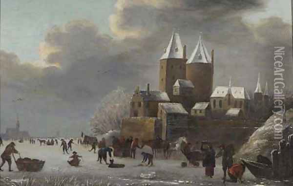 A winter landscape with peasants skating on a frozen river before a castle Oil Painting - Claes Molenaar (see Molenaer)