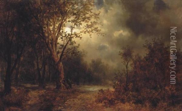 Sitting In The Moonlit Park Oil Painting - Josef Thoma