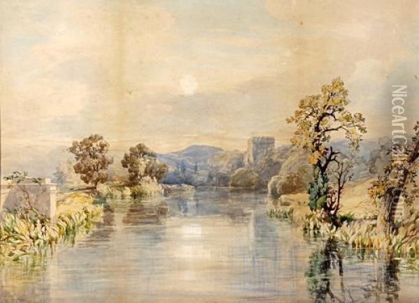 Extensive River Landscape With Castle Tower Oil Painting - John Joseph Cotman