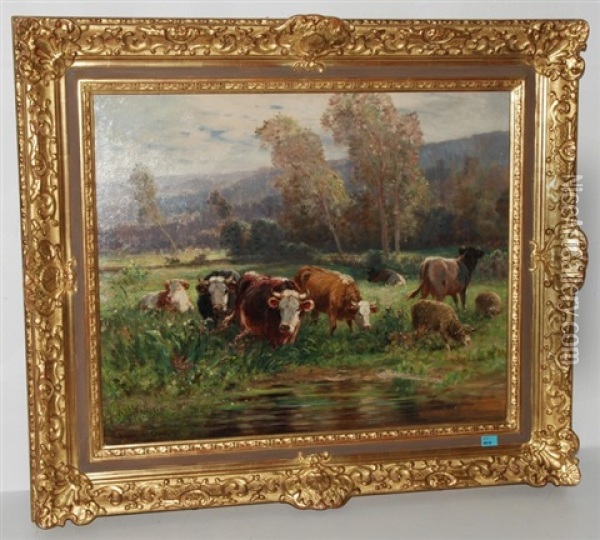 Schafe Und Kuhe Auf Der Weide Oil Painting - James Desvarreux-Larpenteur