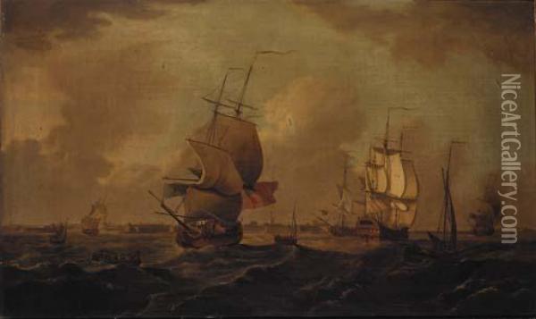 Men-o'war In A Swell Off Sheerness Oil Painting - Thomas Mitchell
