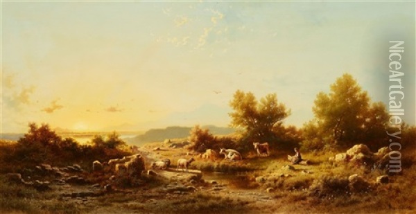 Shepherdess In The Alpine Foothills Oil Painting - Albert Rieger