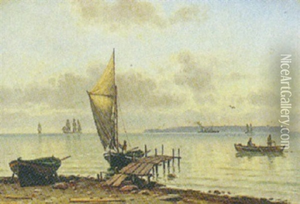Marine Med Sejlskibe Og Personer Pa Stranden Oil Painting - Christian Blache