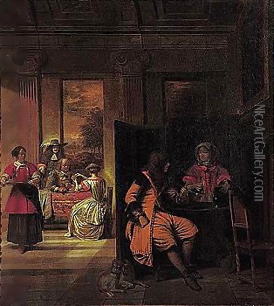 A Man And A Serving Woman Behind A Screen, With Card Players Beyond Oil Painting - Pieter De Hooch