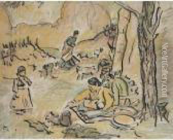Native Americans At The Campfire Oil Painting - George Leslie Hunter