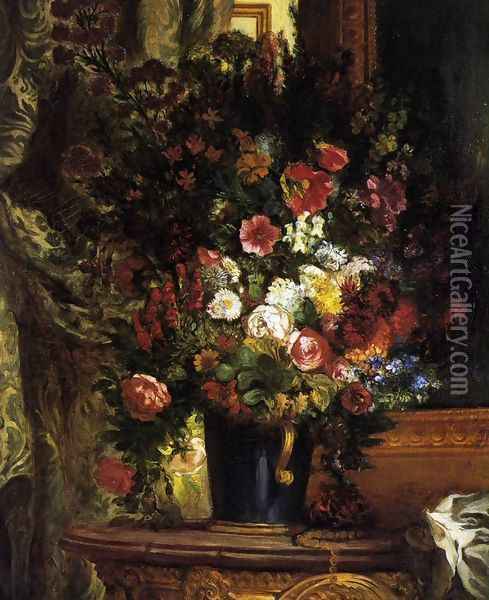 A Vase of Flowers on a Console Oil Painting - Eugene Delacroix