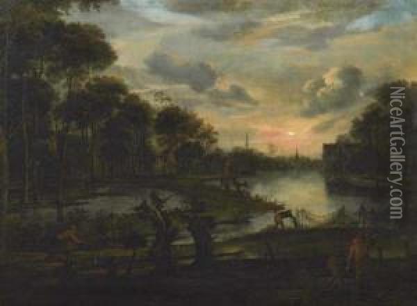 River Landscape In The Evening. Oil Painting - Aart Van Der Neer