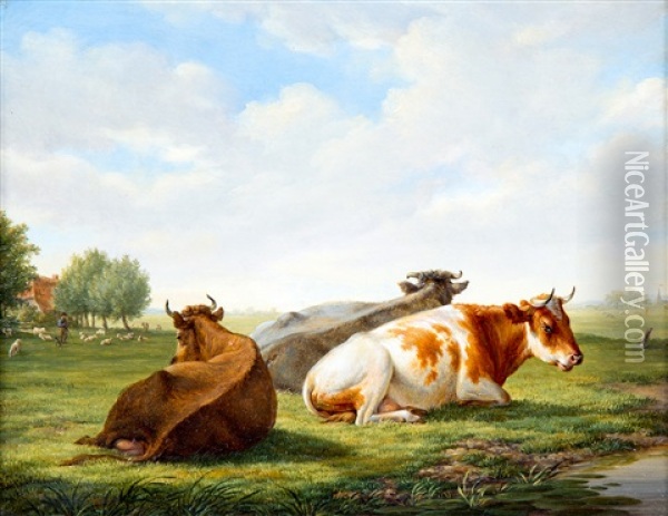 Grazing Cows In A Meadow Oil Painting - Johannes Elize van Cuylenburg