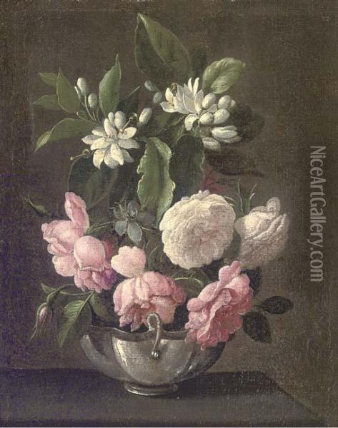 Roses And Syringa In A Vase On A Ledge Oil Painting - Jan Fyt