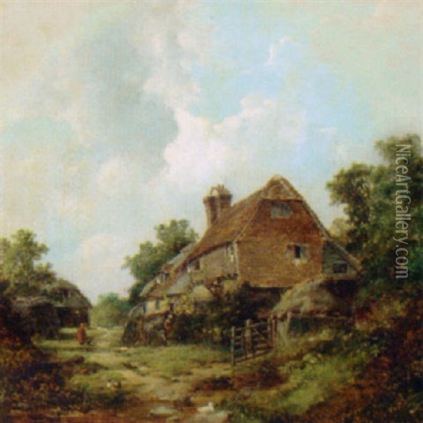 Figures Before A Cottage With A Barn Beyond Oil Painting - John J. Wilson