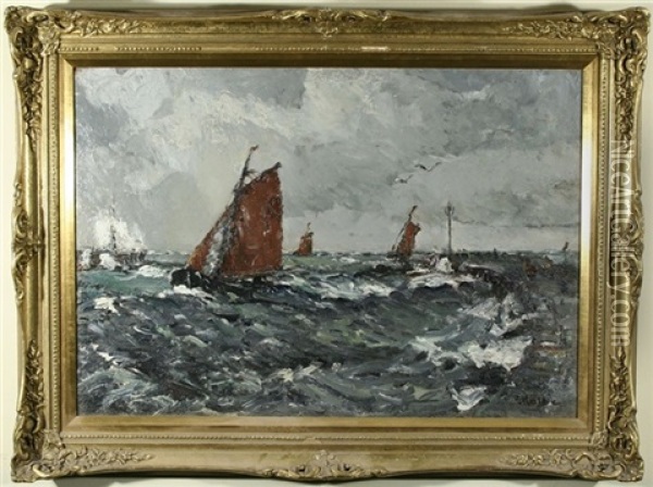 Sailboats In A Choppy Sea Oil Painting - Ernst Kolbe