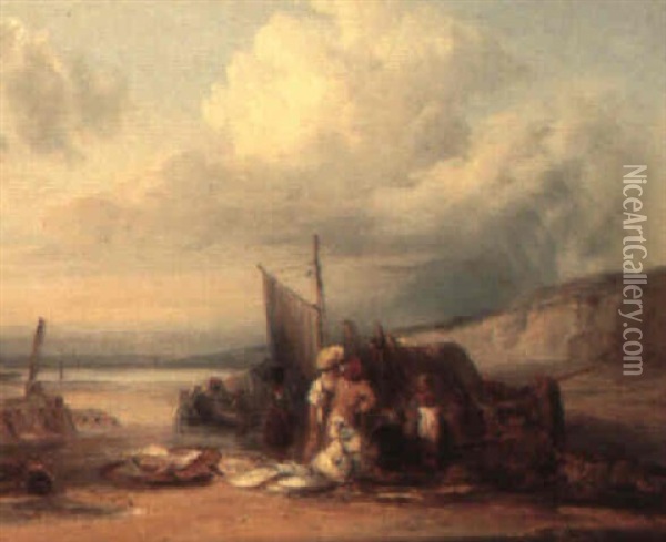 Fisherfolk On The Beach Oil Painting - Richard Parkes Bonington