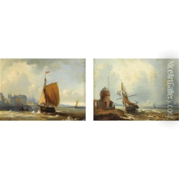 A Sailingvessel Along The Coast (+ Another Similar; Pair) Oil Painting - Baron Jean Antoine Theodore Gudin