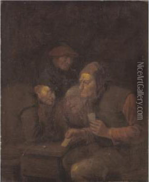 A Tavern Interior With Peasants Playing Cards Oil Painting - Maarten Van Heemskerck