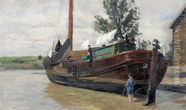 Wohnschiff Im Kanal (holland) Oil Painting - Friedrich Kallmorgen