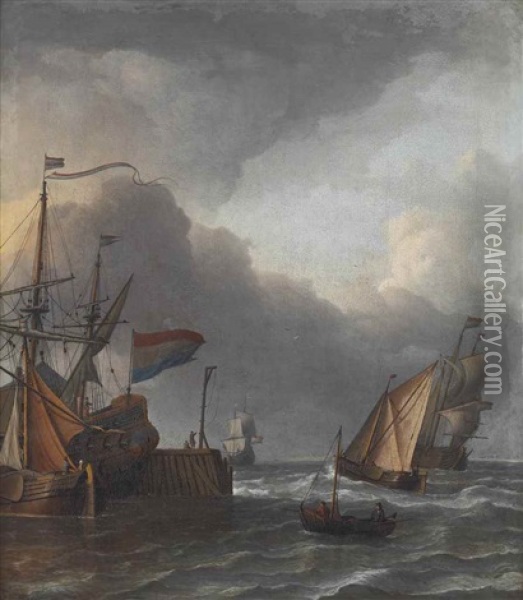 An Entrance To A Harbour With Moored Vessels At A Quay Oil Painting - Aernout (Johann Arnold) Smit