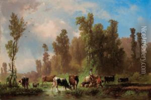 Cow Herd With Deer On A Pond Oil Painting - Karl Schweninger