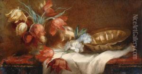 Still Life With Tulips And A Brass Bowl Oil Painting - Catherine Bisschop-Swift