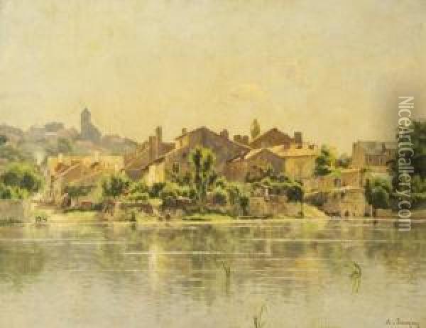 Village Au Bord Du Fleuve Oil Painting - Adrien Jacques Sauzay