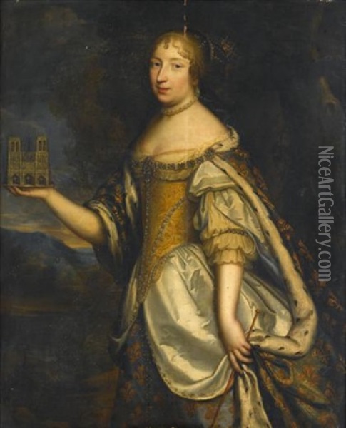 Portrait Of A Noble Lady Holding A Model Of Cathedral, Notre Dame(?) Oil Painting - Charles Beaubrun