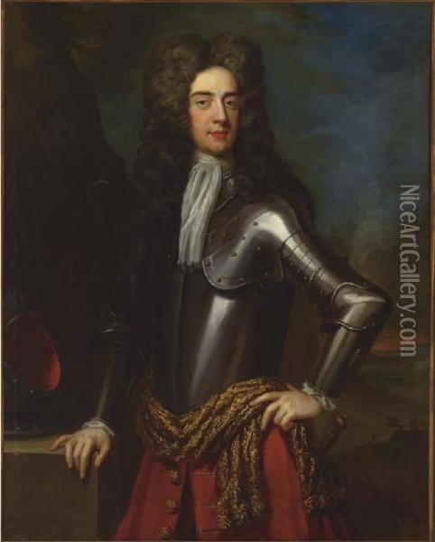 Portrait Of A Military 
Commander, Said To Be Colonel Leigh, Standing Three-quarter-length, In 
Armour Oil Painting - Sir Godfrey Kneller