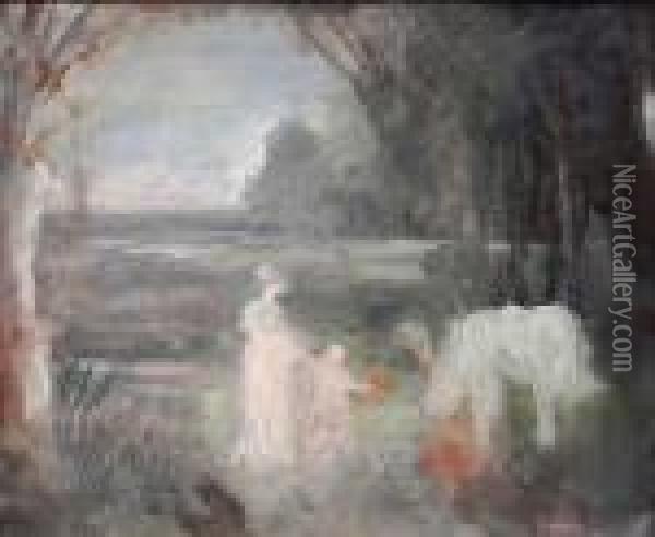 Femme Et Enfant Pres Du Cheval Blanc Dans Un Parc Oil Painting - Pierre Laprade