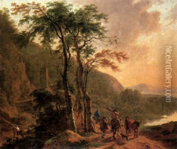 Travellers Passing A Drover On A Path Above A Lake Oil Painting - Willem de Heusch